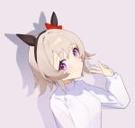  1girl animal_ears breasts closed_mouth curren_chan_(umamusume) grey_hair hair_intakes hairband hand_up highres horse_ears kro_(kroooxd) long_sleeves looking_at_viewer shadow shirt short_hair small_breasts smile solo umamusume upper_body violet_eyes w white_shirt 