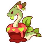  apple black_eyes candy_apple colored_skin commentary food fruit green_skin heart horns hydrapple leaf no_humans pokemon pokemon_(creature) simple_background smolsammichowo tail tongue tongue_out white_background worm 