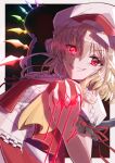  1girl apple ascot blonde_hair cowboy_shot crystal dress dutch_angle flandre_scarlet food fruit hat highres holding holding_food holding_fruit looking_at_viewer medium_hair red_apple red_dress red_eyes simple_background smirk solo strail_cycleman touhou yellow_ascot 