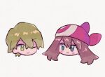  1boy 1girl ;) bandana blue_eyes brown_hair closed_mouth drew_(pokemon) green_eyes green_hair hair_between_eyes head looking_at_another may_(pokemon) mgomurainu one_eye_closed pokemon pokemon_(anime) pokemon_rse_(anime) pout red_bandana smile 