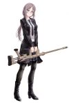  1girl absurdres aged_up black_footwear black_jacket black_necktie black_pantyhose black_skirt bolt_action boots cheytac_m200 collared_shirt english_commentary girls_frontline grey_hair gun high_heel_boots high_heels highres holding holding_gun holding_weapon jacket long_hair looking_at_viewer m200_(girls&#039;_frontline) necktie open_clothes open_jacket pantyhose pleated_skirt ponytail rifle shirt sidelocks skirt sniper_rifle solo user_zzhx5244 violet_eyes weapon white_background white_shirt 