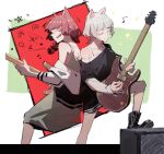  2girls :3 :d amplifier animal_ears back-to-back bang_dream! bang_dream!_it&#039;s_mygo!!!!! bare_legs bare_shoulders bass_guitar black_footwear black_shirt bocchi_the_rock! boots braid cat_ears chinese_commentary closed_eyes commentary_request crossover die_(die0118) dress electric_guitar genre_connection grawlix green_background green_dress grey_nails guitar highres hiroi_kikuri holding holding_plectrum instrument jacket jacket_partially_removed kaname_raana long_sleeves medium_hair motion_lines multicolored_background multiple_girls music musical_note nail_polish off-shoulder_shirt off_shoulder outside_border playing_instrument plectrum pointy_nose red_background redhead screentones sharp_teeth shirt shirt_under_shirt sidelighting sidelocks smile stepping teeth trait_connection white_hair white_jacket white_shirt 