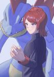  1boy absurdres blue_skin brown_eyes colored_skin feraligatr grey_background hand_up highres jacket kenchamanpoi male_focus pokemon pokemon_(creature) redhead sharp_teeth silver_(pokemon) smile teeth 