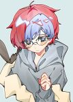  1girl :&lt; ahoge bag blue_hair closed_mouth glasses grey_eyes grey_hoodie highres hood hoodie long_sleeves maiiko9713 multicolored_hair penny_(pokemon) pokemon pokemon_sv redhead round_eyewear short_hair simple_background solo triangle_mouth two-tone_hair white_background 