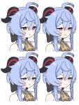  1girl ahoge bare_shoulders bell black_horns blue_hair closed_mouth commentary_request curled_horns dot_nose expressions ganyu_(genshin_impact) genshin_impact hair_between_eyes half-closed_eyes highres horns looking_ahead multiple_views neck_bell open_mouth sidelocks simple_background sleepy solo squinting v-shaped_eyebrows violet_eyes white_background zenshin 