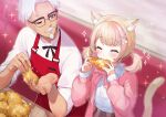  1boy 1girl ^_^ absurdres animal_ear_fluff animal_ears apron blonde_hair blush bow brown_eyes bucket_of_chicken cat_ears cat_girl cat_hair_ornament cat_tail chicken_(food) closed_eyes colonel_sanders eating employee_uniform facial_hair fast_food fast_food_uniform food fried_chicken glasses hair_ornament happy highres holding holding_food kfc mustache old old_man one_eye_closed pocket_square red_apron sahara1127 shirt short_hair sitting smile sparkle string_tie tail twintails uniform virtual_youtuber white_hair 