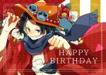  1boy black_hair commentary_request flower freckles grey_eyes hat highres looking_at_viewer male_focus noise_pp one_piece orange_headwear portgas_d._ace scarf short_hair smile solo upper_body 