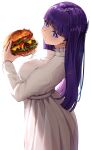  1girl absurdres blunt_bangs bright_pupils burger commentary_request cowboy_shot dress fern_(sousou_no_frieren) food from_behind hair_ornament highres holding holding_food kazzan93 long_hair long_sleeves looking_at_viewer purple_hair simple_background solo sousou_no_frieren straight_hair violet_eyes white_background white_dress 