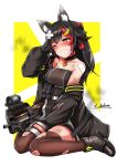  ammunition_pouch animal_ears between_legs black_hair blush boots breasts brown_footwear bullpup closed_mouth collarbone commission cosplay dirty girls_frontline gun hair_ornament hand_between_legs hand_up highres hololive jacket large_breasts long_hair long_sleeves multicolored_hair off_shoulder ookami_mio open_clothes open_jacket optical_sight p90 p90_(girls&#039;_frontline) p90_(girls&#039;_frontline)_(cosplay) ponytail pouch sekino_takehiro signature sitting skeb_commission smoke streaked_hair submachine_gun tearing_up torn_clothes virtual_youtuber wariza weapon wolf_ears yellow_eyes 
