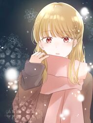  1girl blonde_hair blush braid coat duffel_coat layered_sleeves long_hair long_sleeves looking_at_viewer open_mouth original red_eyes scarf snowflakes snowing solo upper_body yumemam258 