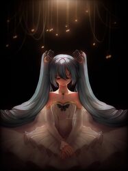 absurdres black_background blue_butterfly blue_eyes blue_hair bug butterfly butterfly_hair_ornament butterfly_ornament closed_eyes closed_mouth dress frilled_dress frills gloves gold gold_necklace hair_between_eyes hair_ornament hands_on_lap hatsune_miku highres jewelry long_dress long_hair miku_symphony_(vocaloid) music musical_note necklace on_floor on_ground parted_lips sitting twintails vocaloid white_dress white_gloves