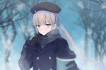  1boy bare_tree beret blurry blurry_background blurry_foreground brown_hair buttons captain_nemo_(fate) coat cup disposable_cup double-breasted fate/grand_order fate_(series) gloves green_eyes hand_up hat highres holding holding_cup kotake_8 long_hair long_sleeves looking_at_viewer low_ponytail male_focus nemo_(fate) outdoors reaching reaching_towards_viewer scarf smile snowflakes snowing solo tree upper_body very_long_hair 