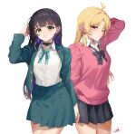  2girls absurdres alternate_costume arm_up black_hair blonde_hair bocchi_the_rock! chin_piercing commentary ear_piercing enferverge english_commentary green_eyes highres ijichi_seika jacket multiple_girls open_clothes open_jacket orange_eyes pa-san piercing school_uniform shirt sweater white_shirt 