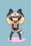  1girl african_wild_dog_(kemono_friends) animal_ears bare_shoulders black_shorts blonde_hair blush bow bowtie brown_cape brown_eyes brown_gloves brown_hair brown_shirt brown_thighhighs cape dog_ears dog_tail elbow_gloves frilled_lizard_(kemono_friends)_(kemono_friends) gloves gravi_pig4891 hair_between_eyes highres kemono_friends looking_at_viewer multicolored_hair open_mouth orange_cape shirt short_hair short_shorts shorts sidelocks solo striped striped_gloves striped_thighhighs sweatdrop tail thigh-highs two-tone_cape 