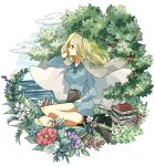  1girl black_footwear blonde_hair blue_dress book boots clouds commentary_request dress full_body highres holding holding_book kaya_(one_piece) light_smile looking_to_the_side noise_pp ocean on_ground one_piece plant profile sitting solo tree 