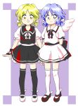  2girls :d back_bow black_bow black_dress black_footwear black_sash black_thighhighs blonde_hair blue_eyes blue_hair bow dress full_body hair_ribbon highres light_blue_hair looking_at_viewer mai_(touhou) mary_janes mini_wings multiple_girls neck_ribbon nonamejd official_style over-kneehighs puffy_short_sleeves puffy_sleeves ribbon sash shoes short_hair short_sleeves short_twintails single_horizontal_stripe smile standing thigh-highs touhou touhou_(pc-98) twintails white_bow white_dress white_footwear white_ribbon white_sash white_thighhighs winged_footwear wings yellow_eyes yuki_(touhou) zettai_ryouiki zun_(style) 