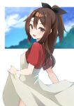 1girl :d alternate_costume black_bow blush bow brown_eyes brown_hair casual clouds cowboy_shot day dress from_behind from_side hair_between_eyes hair_bow high_ponytail highres kantai_collection long_hair looking_at_viewer looking_back open_mouth outdoors red_shirt red_t-shirt shirt short_sleeves sidelocks skirt_hold sky smile solo standing t-shirt white_background white_dress zarashi zuihou_(kancolle)