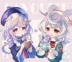  2girls aqua_dress bead_necklace beads bow bowtie braid braided_ponytail coconut_cup coin_hair_ornament cropped_torso cup dress drinking drinking_straw earrings genshin_impact gloves grey_hair hair_ears hair_ornament hands_up hat heart highres holding holding_cup hoshiusagi_no_chloe jewelry long_hair long_sleeves looking_at_viewer low_twintails milkshake multiple_girls necklace nurse_cap ofuda_on_head open_mouth pink_background purple_hair purple_headwear qingdai_guanmao qiqi_(genshin_impact) red_bow red_bowtie red_eyes short_hair sigewinne_(genshin_impact) smile stud_earrings tassel twintails violet_eyes white_gloves white_headwear 