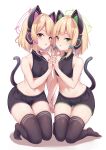 2girls animal_ear_headphones animal_ears bare_shoulders black_thighhighs blonde_hair blue_archive blush bow breasts cat_ear_headphones cat_tail chinese_commentary clothing_request collarbone commentary_request fake_animal_ears fake_tail female_focus green_eyes hair_bow halo headphones highres kneeling looking_at_viewer midori_(blue_archive) milkshakework momoi_(blue_archive) multiple_girls navel open_mouth red_eyes short_hair siblings sidelocks simple_background sisters small_breasts tail thigh-highs thighs twins white_background