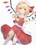  1girl ascot blonde_hair cowboy_shot crystal dress dutch_angle flandre_scarlet hat highres looking_at_viewer medium_hair red_eyes side_ponytail smile solo touhou user_nnsk3774 yellow_ascot 