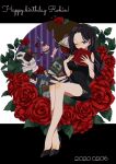  1girl black_dress black_hair book commentary_request crossed_legs dress flower food fork full_body happy_birthday high_heels highres invisible_chair light_smile long_hair nico_robin noise_pp one_eye_closed one_piece pastry plate red_flower red_rose rose short_dress sitting solo violet_eyes 