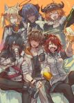  1boy 5girls alcohol angel animal_ear_fluff animal_ears arknights beer beer_bottle beer_can beer_mug bison_(arknights) black_halo black_jacket blue_hair can cow_boy cow_girl cow_horns croissant_(arknights) cup demon_horns drink_can drunk exusiai_(arknights) fur-trimmed_jacket fur_trim halo highres horns jacket mostima_(arknights) mug multiple_girls mutomorokoshi penguin_logistics_(arknights) redhead sitting sora_(arknights) texas_(arknights) wolf_ears wolf_girl 