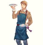  1boy :d apron brown_hair brown_shirt character_name dungeon_meshi english_commentary grey_pants highres holding holding_plate laios_thorden long_sleeves male_focus pants plate shirt short_hair simple_background smile solo standing stnutt white_background yellow_eyes 