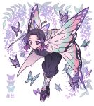  1girl absurdres animal_print black_hair black_jacket black_pants blue_butterfly bug butterfly butterfly_hair_ornament butterfly_print butterfly_wings closed_mouth demon_slayer_uniform flower full_body gradient_hair hair_ornament highres insect_wings jacket katana kimetsu_no_yaiba kochou_shinobu leaning_forward looking_at_viewer meremero multicolored_hair pants parted_bangs purple_butterfly purple_hair sandals short_hair smile solo standing sword violet_eyes weapon white_background wings wisteria 