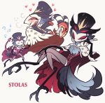  2boys bird_legs bird_tail black_headwear blitzo_(helluva_boss) bound cape carrying carrying_person character_name closed_eyes closed_mouth colored_sclera demon extra_eyes feathers full_body furry furry_male hand_on_own_face hand_up hat heart helluva_boss highres horns invisible_chair jacket looking_at_viewer male_focus meremero multiple_boys open_mouth owl_boy red_cape red_eyes red_jacket sharp_teeth simple_background sitting smile stolas_(helluva_boss) striped_horns tail talons teeth tied_up_(nonsexual) torn_cape torn_clothes white_background 