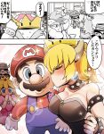 2girls 3boys armlet bare_shoulders beard black_dress black_hair blonde_hair blue_brooch blue_eyes blue_overalls blush booster bowser bowsette breasts brown_hair buttons closed_eyes clouds comic crown diz_(diznaoto) dress earrings elbow_gloves facial_hair fake_horns genderswap genderswap_(mtf) gloves goggles googly_eyes heart highres horned_headwear horns jewelry kiss kissing_cheek looking_at_another looking_at_viewer mario medium_breasts multiple_boys multiple_girls mustache new_super_mario_bros._u_deluxe overalls pearl_earrings pink_dress princess_peach puffy_short_sleeves puffy_sleeves red_headwear red_shirt shirt short_hair short_sleeves sparkle speech_bubble sphere_earrings spiked_armlet sunburst super_crown super_mario_bros. super_mario_rpg sweat thought_bubble translation_request white_gloves