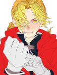  1boy bad_id bad_twitter_id black_jacket blonde_hair braid braided_ponytail clenched_hand close-up coat collared_jacket edward_elric fullmetal_alchemist gloves hair_over_one_eye jacket light_smile looking_at_viewer male_focus red_coat simple_background solo white_background white_gloves wudus6 yellow_eyes 