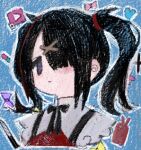  1girl ame-chan_(needy_girl_overdose) black_hair black_ribbon blue_background collared_shirt cropped_torso hair_ornament hair_over_one_eye long_hair looking_at_viewer neck_ribbon needy_girl_overdose outline phone red_shirt ribbon shirt solo suspenders twintails upper_body violet_eyes x_hair_ornament xiao_chichi youtube_logo 