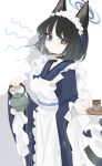  1girl animal_ear_fluff animal_ears apron black_eyes black_fur black_hair blue_archive blue_dress blue_halo cat_ears cat_girl cat_tail closed_mouth commentary cup dress halo highres holding holding_teapot holding_tray kikyou_(blue_archive) long_sleeves maid_apron maid_headdress nemo_(leafnight) simple_background solo tail teapot traditional_media tray white_apron white_background 