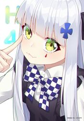  1girl aged_down apron black_apron blunt_bangs bow bowtie character_name checkered_bow checkered_bowtie checkered_clothes closed_mouth collared_shirt facial_mark fang ge_zhong_kuaile girls_frontline green_eyes hair_ornament hk416_(black_kitty&#039;s_gift)_(girls&#039;_frontline) hk416_(girls&#039;_frontline) long_hair long_sleeves looking_at_viewer official_alternate_costume shirt skin_fang solo teardrop teardrop_tattoo white_hair 