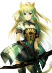  1girl ahoge animal_ears arm_belt atalanta_(fate) black_gloves blonde_hair bow_(weapon) cowboy_shot dress fate/apocrypha fate_(series) gloves gradient_hair green_dress green_eyes green_hair holding holding_bow_(weapon) holding_weapon looking_at_viewer multicolored_hair obihiro pelvic_curtain pleated_skirt puffy_short_sleeves puffy_sleeves short_sleeves simple_background skirt solo thigh-highs weapon white_background 