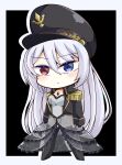  1girl absurdres black_background black_footwear black_gloves black_jacket black_lobelia blue_eyes breasts cosplay gem gloves hat heterochromia highres jacket kitagawa_marin large_breasts light_blush long_hair looking_at_viewer military_hat military_uniform open_mouth peaked_cap red_eyes see-through shiroimaru sono_bisque_doll_wa_koi_wo_suru standing strapless uniform very_long_hair white_hair 