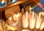  1boy ^_^ black_hair close-up closed_eyes commentary_request freckles hand_on_headwear hat highres male_focus one_piece orange_headwear piry portgas_d._ace short_hair sky smile solo 