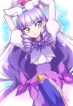  1girl absurdres arms_up blue_background bow closed_mouth cure_noble dress dress_bow drill_hair drill_sidelocks gloves green_eyes highres hirogaru_sky!_precure long_hair looking_at_viewer magical_girl multicolored_eyes pink_eyes precure princess_ellerein puffy_sleeves purple_bow purple_dress purple_hair purple_thighhighs sidelocks smile solo sparkle thigh-highs usoco white_gloves 