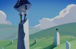  2others black_skin blue_sky chromatic_aberration cloak clouds colored_skin commentary grass highres hill kawatiw multiple_others other_focus shirt shorts sky sky:_children_of_the_light sky_child white_hair white_shirt white_shorts 