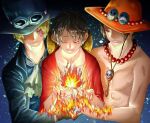  3boys ascot black_coat black_hair blonde_hair blue_background blue_shirt closed_eyes coat commentary_request fire freckles gloves goggles goggles_on_headwear hat highres jewelry male_focus monkey_d._luffy multiple_boys necklace no_tattoo one_piece piry portgas_d._ace red_shirt sabo_(one_piece) scar scar_on_face shirt short_hair smile straw_hat torso unworn_headwear upper_body white_ascot 