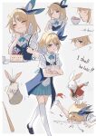  1girl :t alice_(alice_in_wonderland) alice_in_wonderland animal baseball_bat blonde_hair blue_eyes blue_footwear blue_hairband cake cake_slice collared_shirt cup eat_me eating english_text food fork hairband highres holding holding_fork multiple_views one_eye_closed pastry_box plate pleated_skirt pocket_watch rabbit sack shirt short_sleeves skirt spilling standing_on_person teacup thigh-highs wakuseiy walking watch white_rabbit_(alice_in_wonderland) white_shirt white_thighhighs 