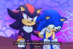 2boys artist_name black_fur blue_fur commentary depressed english_commentary english_text frown furry furry_male gloves hand_on_another&#039;s_shoulder hedgehog_tail i_think_we&#039;re_gonna_have_to_kill_this_guy_steven_(meme) male_focus meme multiple_boys pink_eyes setispaghetti shadow_the_hedgehog simple_background sonic_(series) sonic_prime sonic_the_hedgehog teeth upper_teeth_only white_gloves