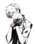  1boy collared_shirt fate/grand_order fate_(series) fujimaru_ritsuka_(male) glove_cutout gloves hair_between_eyes hand_tattoo hands_up head_tilt male_focus monochrome own_hands_together shirt short_hair sleeves_rolled_up smirk solo spot_color tattoo upper_body urup_zzz 