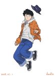  1boy black_hair black_skirt blue_headwear character_request commentary dated denim doodles english_commentary full_body grey_hoodie highres hood hoodie jacket jeans long_sleeves looking_at_viewer male_focus mob_psycho_100 open_clothes open_jacket pants short_hair simple_background skirt socks solo white_background yuka113_u3u 