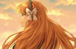  1girl bow brown_hairband closed_mouth clouds hair_bow hairband highres ishmael_(project_moon) limbus_company long_hair looking_to_the_side na-gyou_(nunumaru) orange_eyes orange_hair portrait project_moon rope smile solo sunset very_long_hair white_bow 