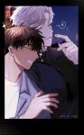  2boys atan_003 belt black_gloves black_shirt brown_hair closed_eyes couple finger_to_cheek from_side gloves happy highres ilay_riegrow jeong_taeui laughing looking_at_another male_focus multiple_boys pants passion_(manhwa) pectorals profile shirt short_hair short_sleeves smile sparkling_aura upper_body white_hair 