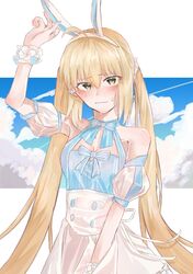  1girl ahoge animal_ears artoria_caster_(fate) artoria_caster_(swimsuit)_(fate) artoria_pendragon_(fate) blonde_hair blush bracelet breasts clouds detached_sleeves dress fake_animal_ears fate/grand_order fate_(series) hair_between_eyes hair_tie highres jewelry long_hair looking_at_viewer medium_breasts rabbit_ears sky solo swimsuit twintails yellow_eyes ytk1 