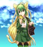 1girl ahoge alternate_costume animal_ears apple atalanta_(fate) bag black_bag blazer blonde_hair blue_background bow bowtie braid closed_mouth clouds collared_shirt cowboy_shot fate/apocrypha fate_(series) food fruit golden_apple green_bow green_bowtie green_eyes green_hair green_jacket green_skirt green_thighhighs holding holding_food jacket lion_ears lion_tail long_sleeves looking_to_the_side outline parted_lips plaid plaid_bow plaid_bowtie plaid_skirt sagamiso school_bag school_uniform shirt shirt_tucked_in shoulder_bag skirt solo tail thigh-highs twitter_username white_outline white_shirt yellow_tail 