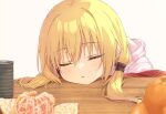  1girl black_scrunchie blonde_hair blush chitose_sana close-up closed_eyes cofetaru commentary eyelashes food fruit hair_between_eyes hair_ornament hair_scrunchie hair_spread_out head_on_table kotatsu long_hair low_twintails mandarin_orange parted_lips scrunchie simple_background sleeping solo table tenshinranman twintails under_kotatsu under_table white_background 