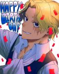  1boy ascot bad_id bad_twitter_id blonde_hair close-up commentary_request confetti happy_birthday highres looking_at_viewer male_focus one_piece sabo_(one_piece) scar scar_on_face shirt short_hair simple_background smile waistcoat white_ascot white_background white_shirt wudus6 
